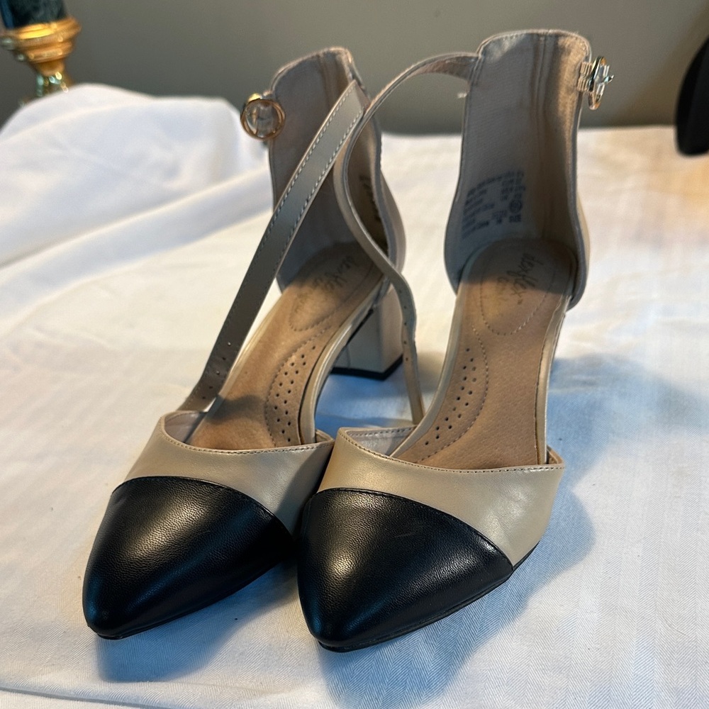 Two-Tone Beige and Black Pointed Toe Ankle Strap Heels